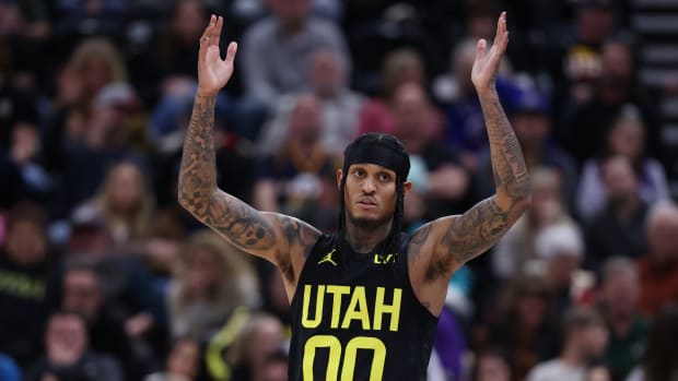 Jan 12, 2024; Salt Lake City, Utah, USA; Utah Jazz guard Jordan Clarkson (00) reacts to a play against the Toronto Raptors during the fourth quarter at Delta Center.